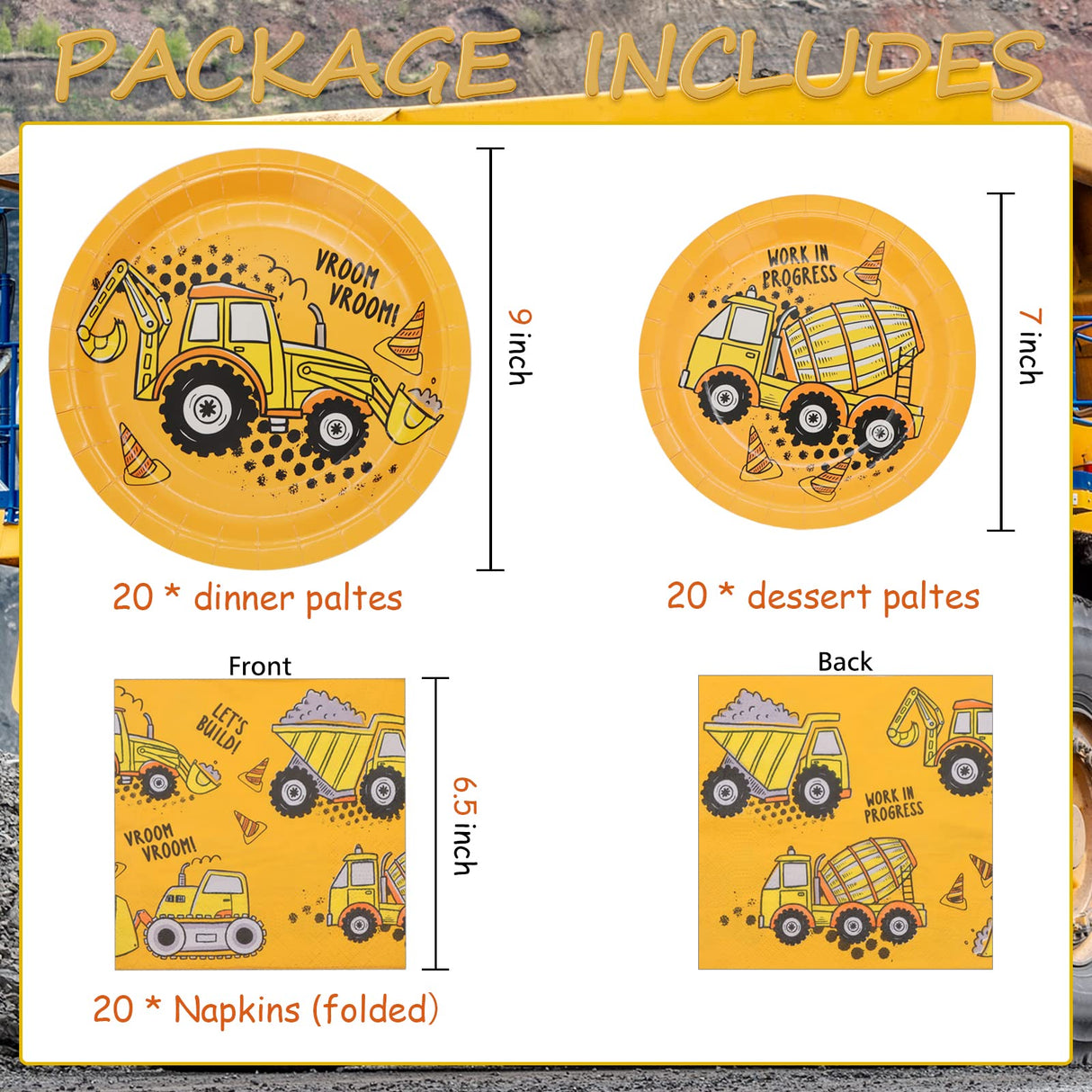 DYLIVeS 60 Pcs Construction Birthday Party Plates and Napkins Kit, Construction Theme Tableware Set Dump Truck Party Table Decorations Supplies, Disposable 9'' and 7'' Paper Plates, Napkins, Serves 20 DYLIVeS