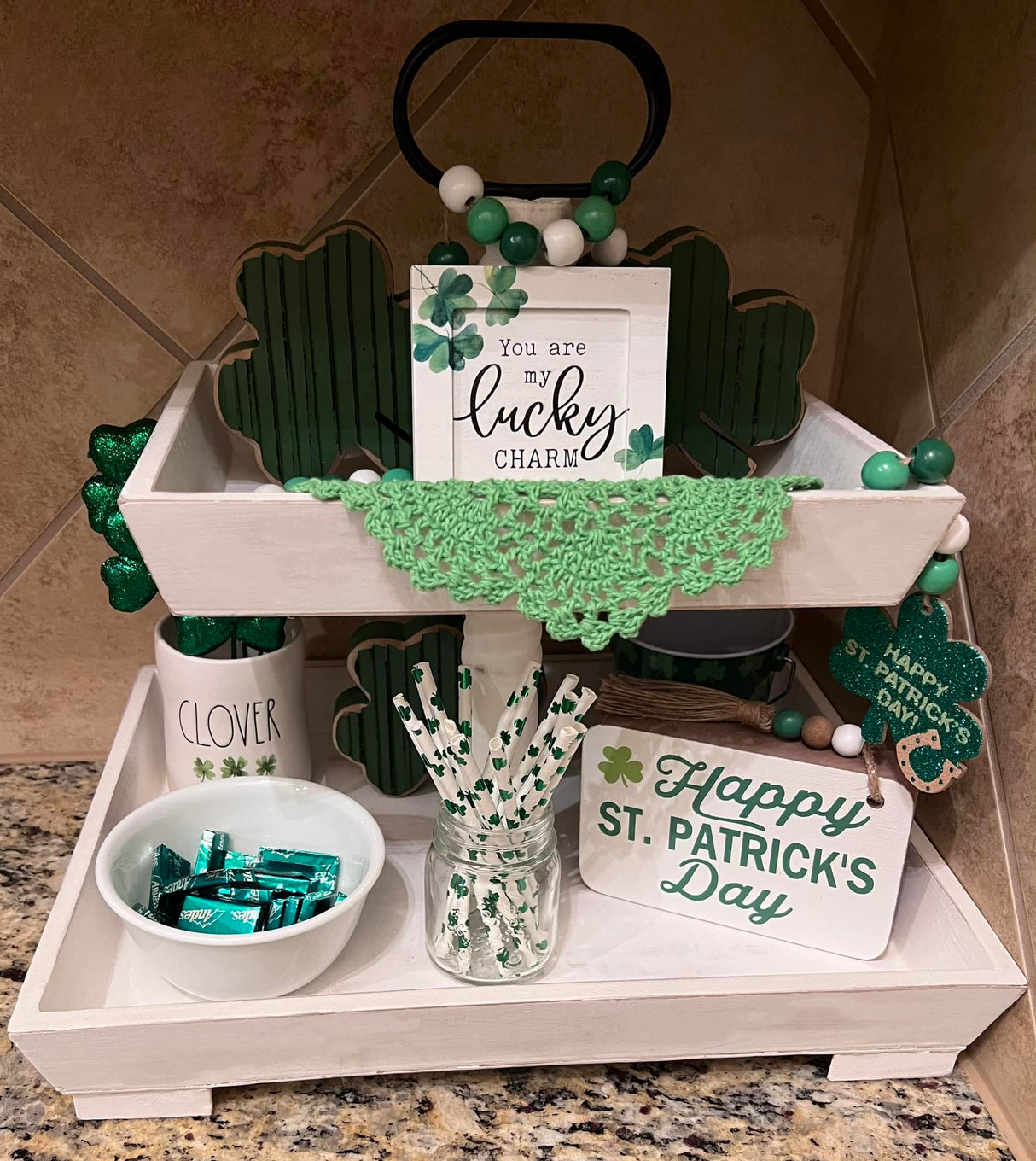 SHINGYU Rectangle Wooden 2 Tiered Tray, Tiered Farmhouse Tray, Kitchen Table Stand, Tier Serving Tray, for Food Fruits Cupcake Display Coffee Bar Home Party Seasonal Decorations (White) SHINGYU