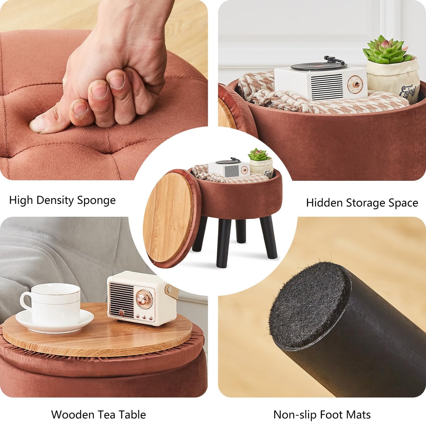 Cpintltr Storage Ottoman Footstool Round Footrest with Removable Lid Soft Padded Foot Stool with Solid Wood Legs Side Table with Storage Step stool Extra Seating for Hallway Living Room Bedroom Coffee