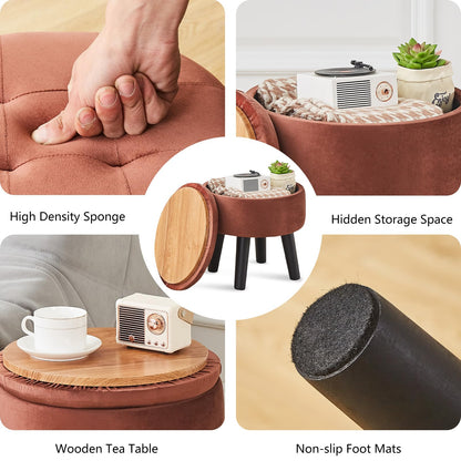 Cpintltr Storage Ottoman Footstool Round Footrest with Removable Lid Soft Padded Foot Stool with Solid Wood Legs Side Table with Storage Step stool Extra Seating for Hallway Living Room Bedroom Coffee