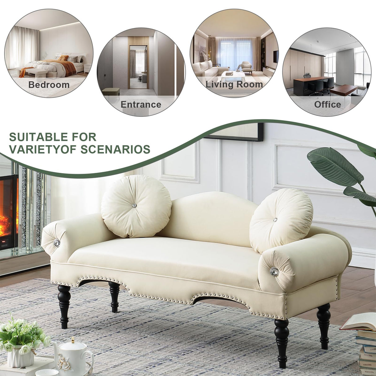 Vanress 54'' Loveseat Sofa,Small Couch for Living Room,Mid Century Modern Velvet Love Seats Sofa Settee with 2 Pillows and Solid Wood Legs,Upholstered 2-Seater Couch for Small Space,Bedroom,Beige Vanress