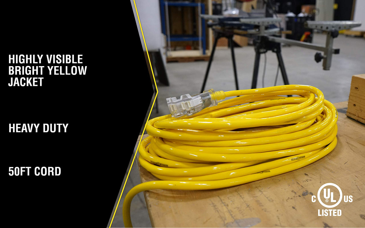 Yellow Jacket Heavy Duty Extension Cord, 50Ft, 12 Gauge, 3 Conductor, Lighted End, 3-Outlet, Weather Resistant, SJTW, Yellow, 2827 Yellow Jacket