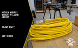Yellow Jacket Heavy Duty Extension Cord, 50Ft, 12 Gauge, 3 Conductor, Lighted End, 3-Outlet, Weather Resistant, SJTW, Yellow, 2827 Yellow Jacket