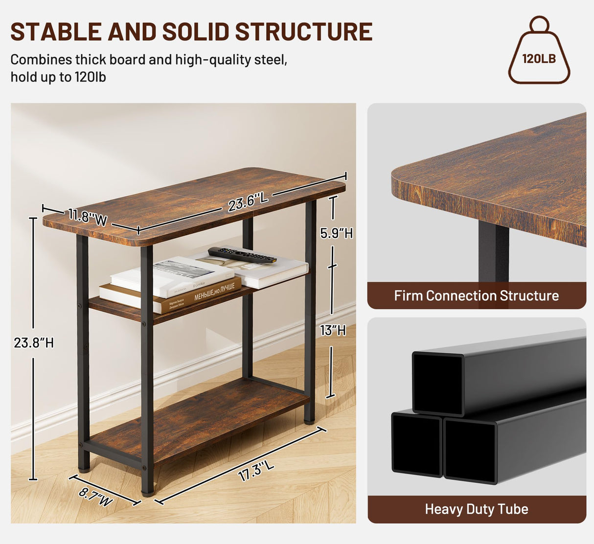 SLEEPING LAMB Side Table for Living Room, 3-Tier End Table for Small Space with Wide Storage Tabletop, Rustic Brown Narrow Nightstand for Bedroom, Sofa Couch SLEEPING LAMB