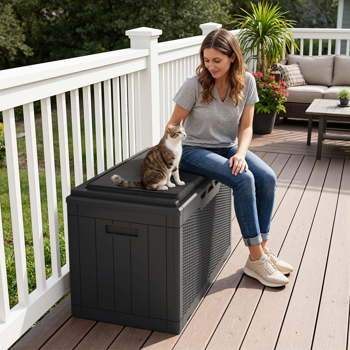 Greesum 100 Gallon Resin Deck Box Large Outdoor Storage Boxes with Cushions for Garden Tools, Patio Furniture Pillows, Pool Supplies, Black Greesum