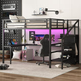 HRJHLucky Queen Size Loft Bed with L-Shaped Desk and Wardrobe, Metal Loft Bed with Wardrobe and Adjustable Shelf, LED Loft Bed with Charging Station for Kids,Teens and Adult (Queen) HRJHLucky