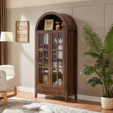 Farmhouse Arched Cabinet with Glass Doors, Wood Display Cabinet with Drawer and Adjustable Shelves, 71” Kitchen Pantry Tall Bookshelf Modern China Cabinet for Living Room,Office (Rustic Brown) RowyPoey