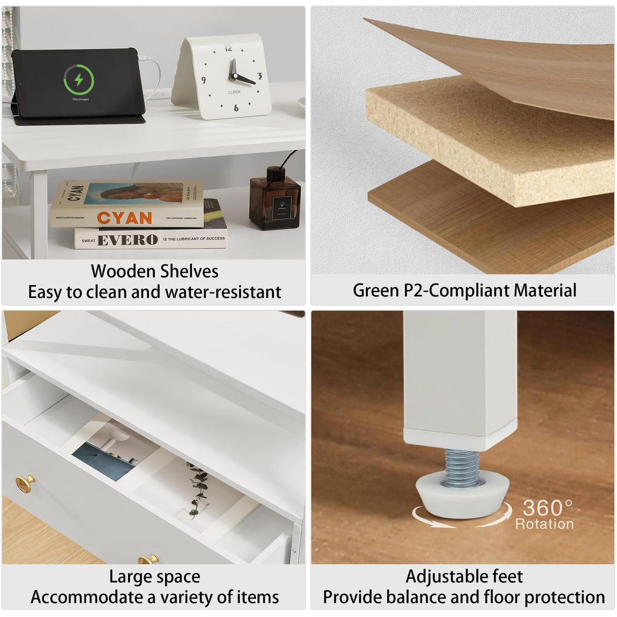 Edbuosy 27 inch Wide Nightstand Set of 2 with LED,Side Table with One Wooden Drawer，Nightstand with Charging Station,End Table Bedside Table with USB Ports and Outlets,White with LED Edbuosy