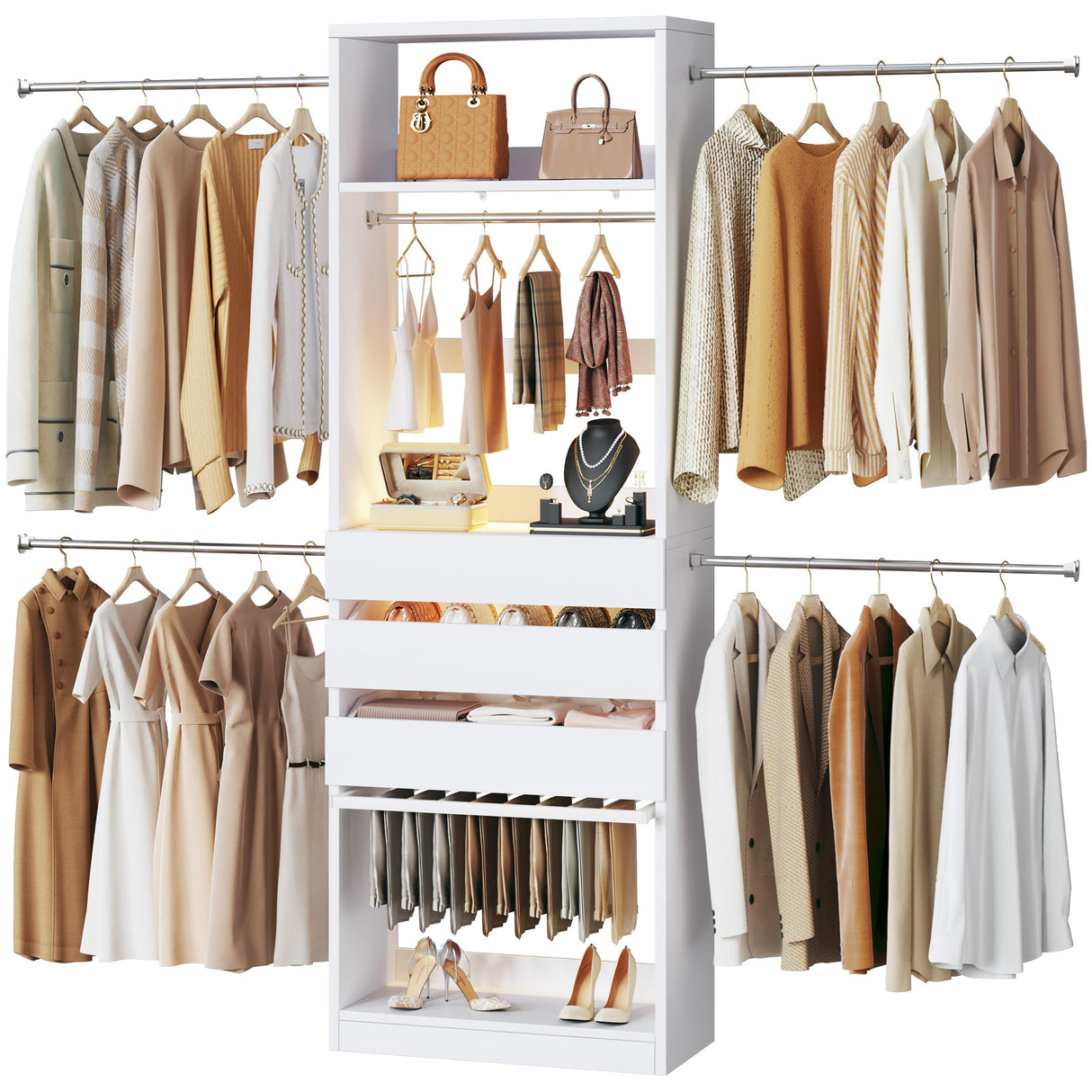 Closet System, 4-8FT Closet Organizer with 3 Wood Drawers & Glass Top, 102'' Walk in Closet with 5 Hang Rods & LED Lights & Trouser Rack, Built-in Wardrobe Clothes Rack with Shelves and Tower, White HUAHUU