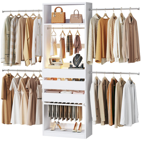 Closet System, 4-8FT Closet Organizer with 3 Wood Drawers & Glass Top, 102'' Walk in Closet with 5 Hang Rods & LED Lights & Trouser Rack, Built-in Wardrobe Clothes Rack with Shelves and Tower, White HUAHUU
