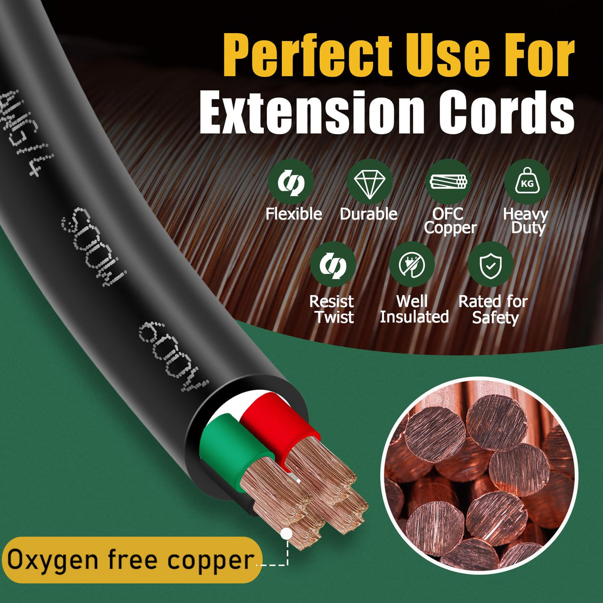 50ft 10/4 10 AWG Portable Power Cable (4 Conductor) - SOOW 600V 10 Gauge Electric Wire for Generator, Portable Lights, RV/EV Car Battery Chargers and Machinery - 50 Feet Electrical Cord Bghdas
