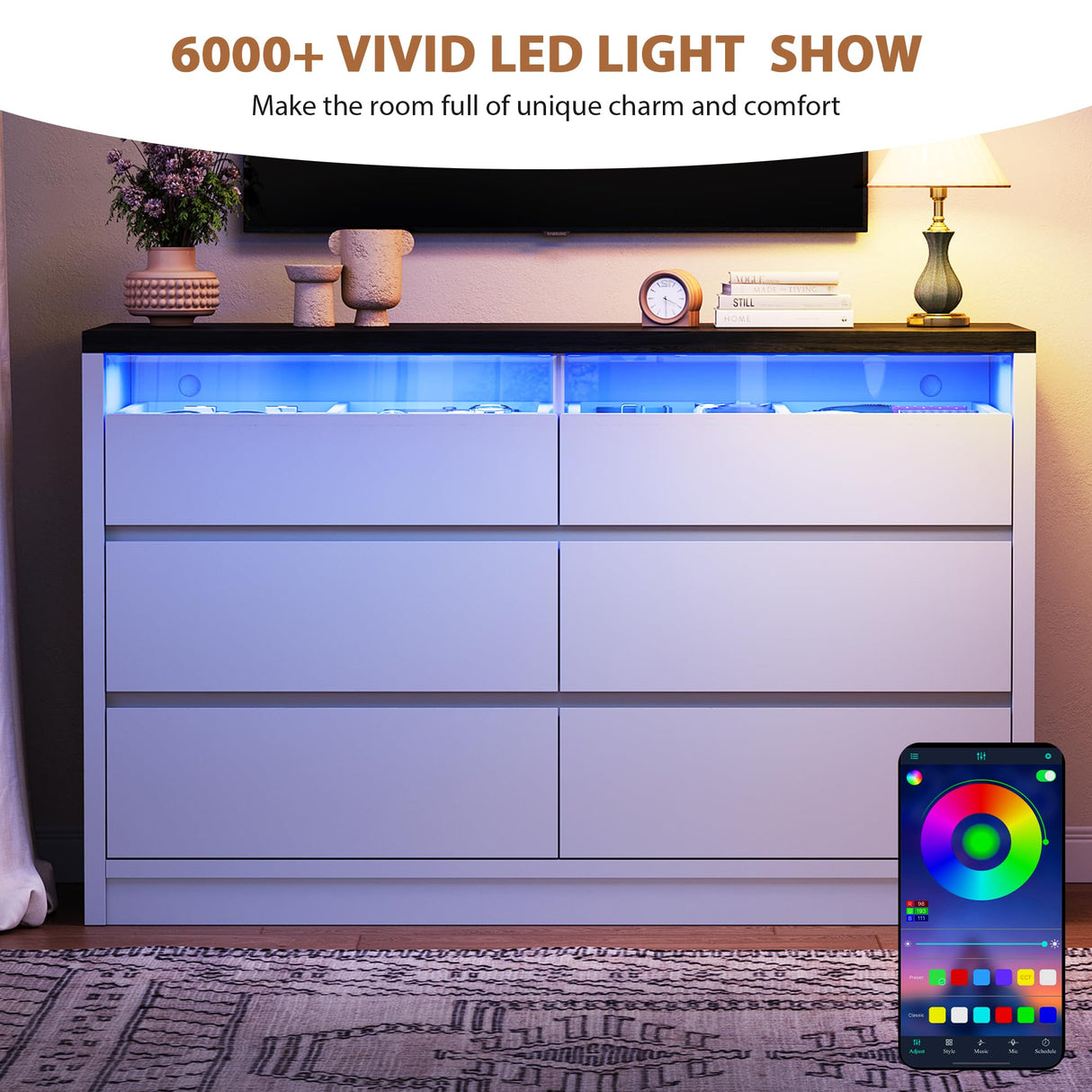 Jocoevol Modern LED 6 Drawer Dresser for Bedroom, White Large Chest of Drawers with Hidden Handles, Long Double Wooden Dresser Closet for Living Room, Entryway, Hallway - White Jocoevol