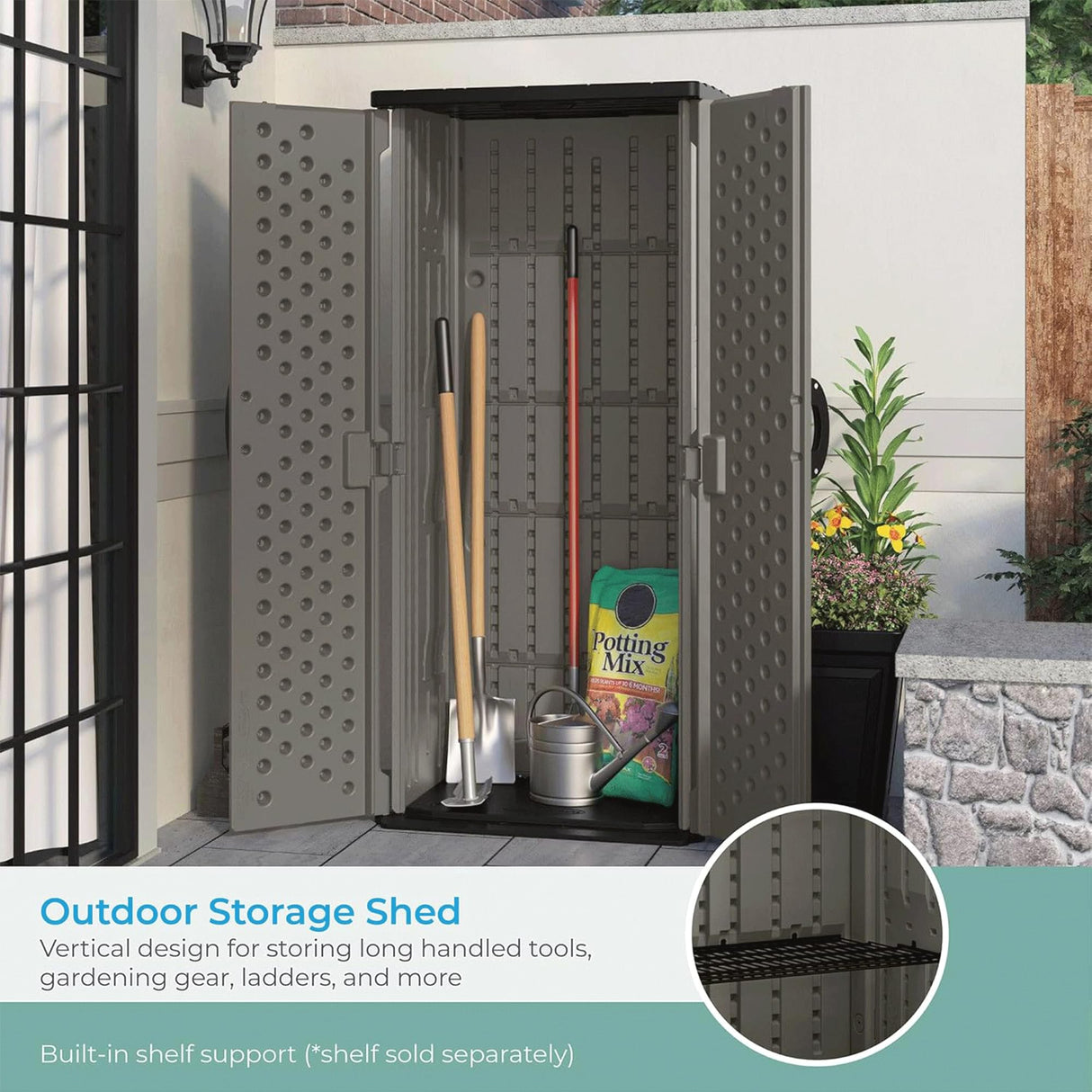 Suncast 22 Cubic Ft. Vertical Resin Outdoor Storage Shed with Lockable Double Doors, Weather-Resistant Multi-Wall Panels, Stoney Suncast