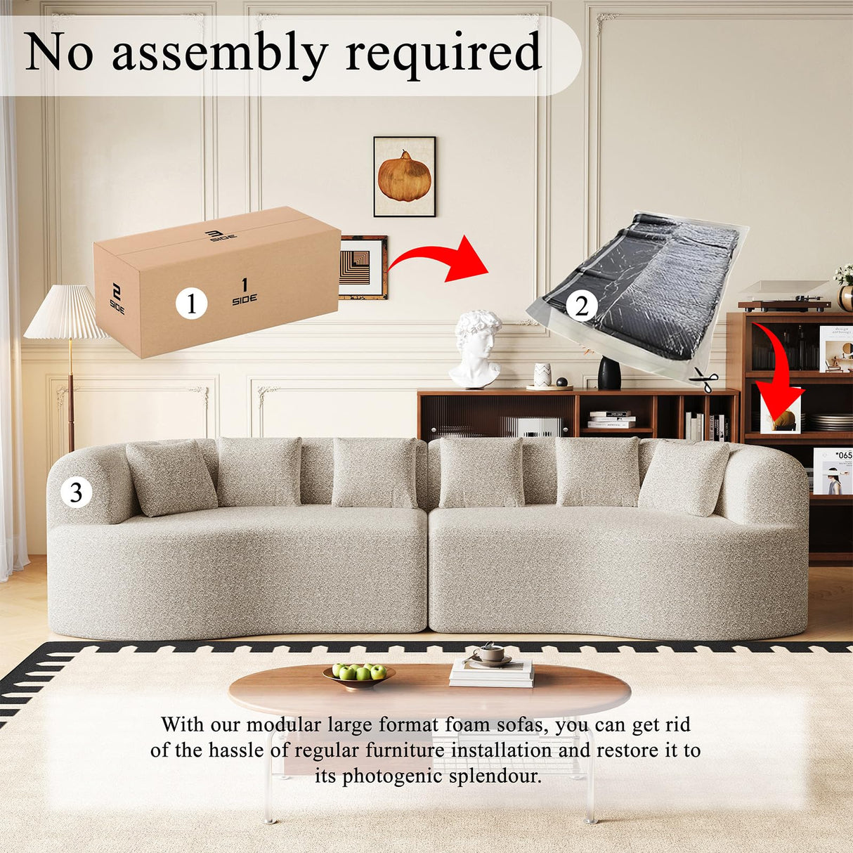 106” Oversized Curved Sectional Couch, Chenille Memory Foam Boneless Compression Sofa Couch with 6 Pillows, Modern Floor Deep Seat Sofa for Living Room, Office, Apartment, No Assembly Needed, Beige KINFFICT