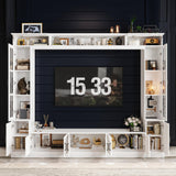 AIEGLE Glass Door Entertainment Center with Storage Bridge, Traditional Media Console Table Wall Unit with Shelves for 70 75 inch TV, TV Stand Set, White, 96.9”W AIEGLE