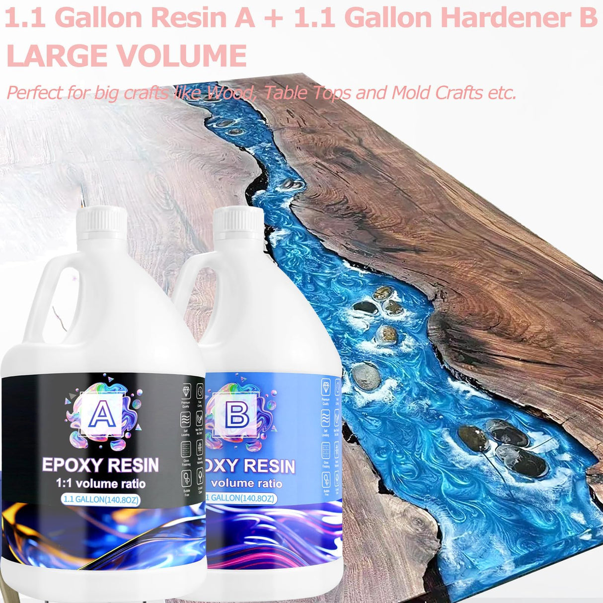 Epoxy Resin 2.2 Gallon Kit, Clear Resin Epoxy, Resin Kit - High-Gloss,No Bubbles,Not Yellowing,Self-Leveling Art Resin Casting Resin for DIY Art,Crafts,Jewelry,Table Top,Wood &Resin Molds Pmbqifay