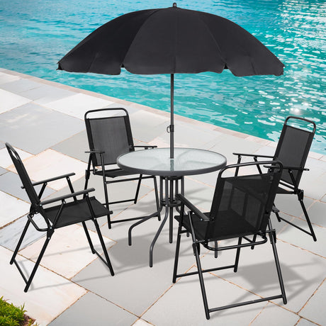 Shintenchi 6 Piece Patio Dining Set with Umbrella, Outdoor Furniture Set with 4 Folding Chairs and Tempered Glass Top Dining Table fot Lawn Backyard Garden Porch Black Shintenchi