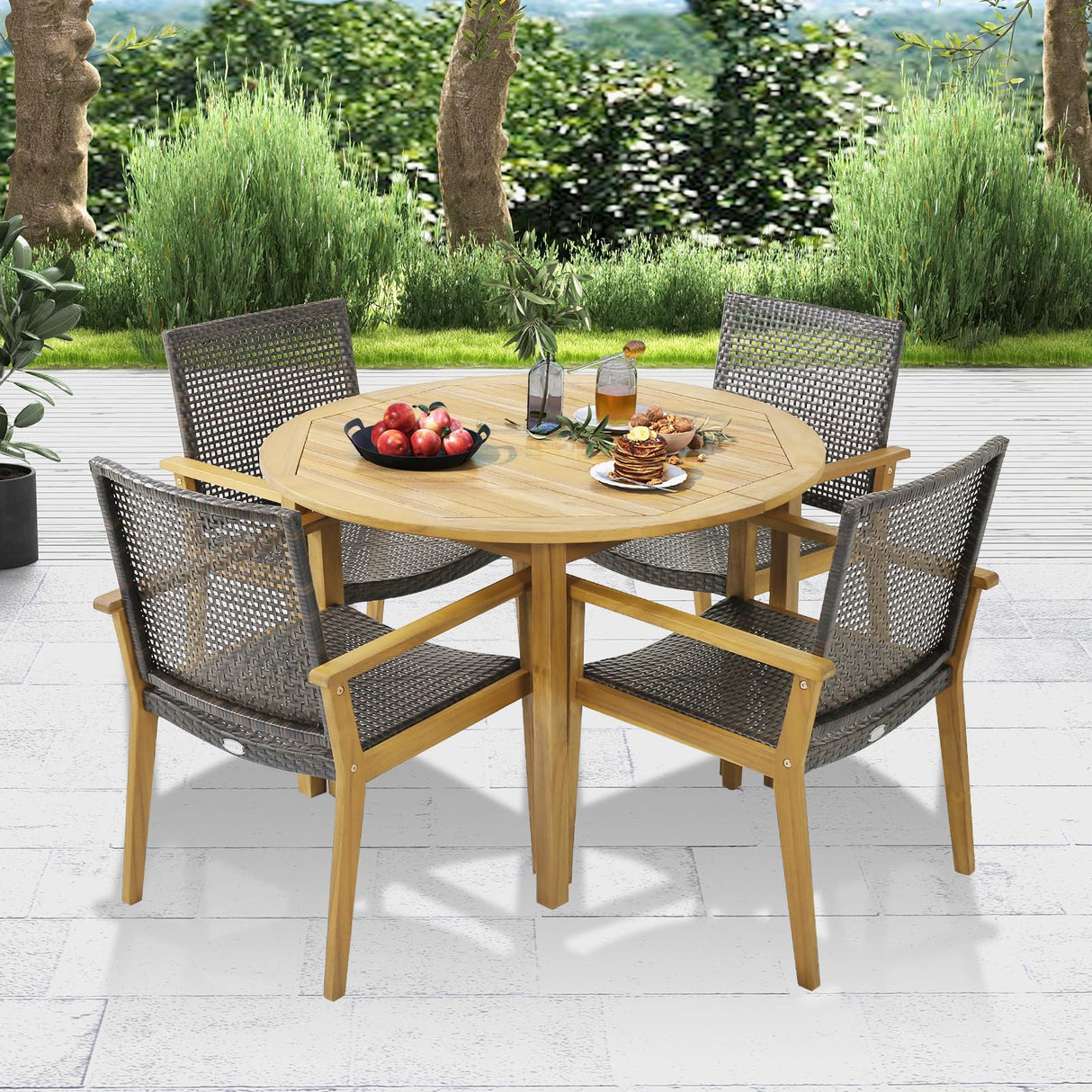 Tangkula 5 Pieces Patio Dining Set, 4 Patio Wicker Armchairs and Round Acacia Wood Dining Table, Outdoor Table and Chairs Set for Backyard, Poolside, Garden Tangkula