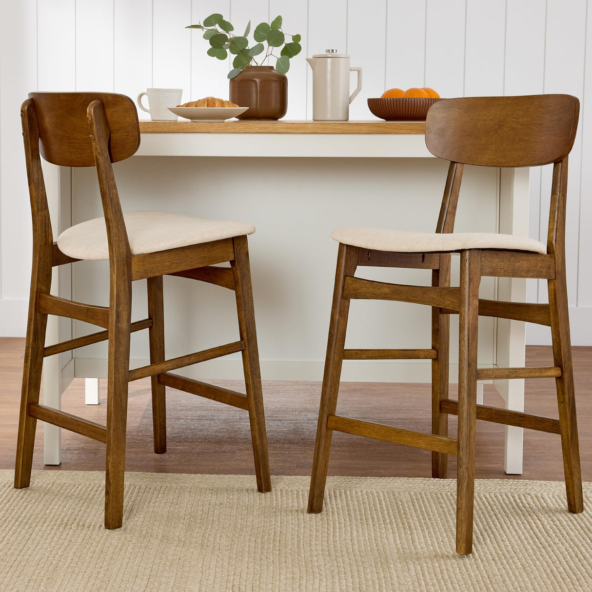 Best Choice Products Bar Stool Set of 2, Modern Farmhouse Counter Height Stools w/Armless Upholstered Cushioned Seat, Wooden Curved Backrest - Walnut/Cream Best Choice Products