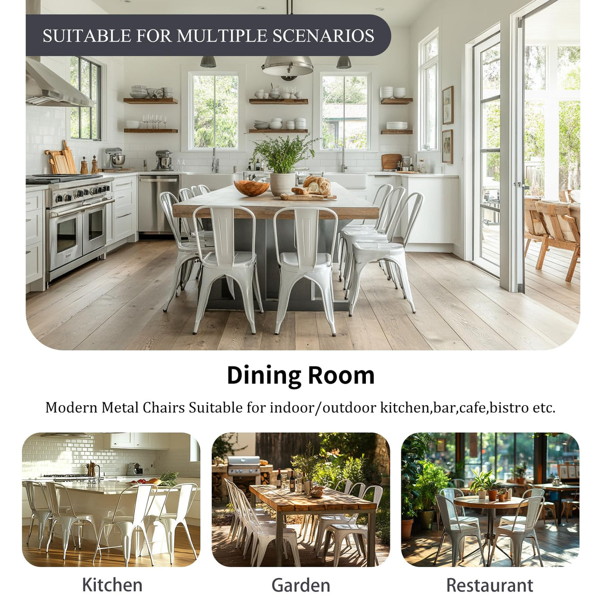 SOLEGGIATA White Metal Dining Chairs Set of 6 Iron Stackable Industrial Tolix Style Outdoor Farmhouse Kitchen Cafe Arctic White Color SOLEGGIATA
