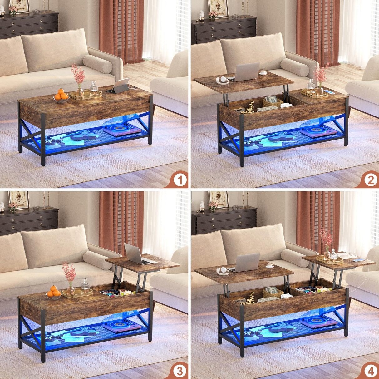 Besiost Coffee Table, Lift Top Coffee Table with Storage, LED Light & Power Outlet and Hidden Compartment, Retro Center Table for Living Room, X Support Wood Tabletop, Metal Frame, Rustic Brown Besiost