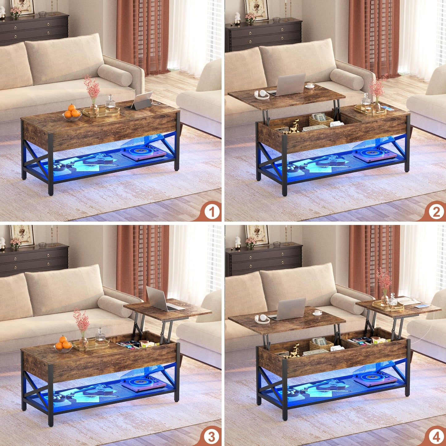 Besiost Coffee Table, Lift Top Coffee Table with Storage, LED Light & Power Outlet and Hidden Compartment, Retro Center Table for Living Room, X Support Wood Tabletop, Metal Frame, Rustic Bro - WoodArtSupply