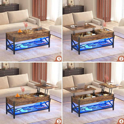 Besiost Coffee Table, Lift Top Coffee Table with Storage, LED Light & Power Outlet and Hidden Compartment, Retro Center Table for Living Room, X Support Wood Tabletop, Metal Frame, Rustic Bro - WoodArtSupply