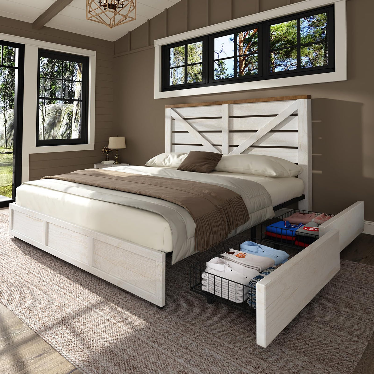 AMERLIFE King Size Farmhouse Bed Frame with 4 Drawers, Wooden Storage Bed Frame with Headboard and Heavy Duty Metal Slats, Noisy Free, Easy Assemble, White/Barnwood AMERLIFE