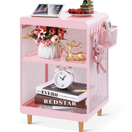 SYKIARIOL Cute Bedside Nightstand Table, Girls Metal Side Table, Kid End Table with Storage for Living Room Bedroom Kid's Room Dorm Office (Classic Pink) SYKIARIOL
