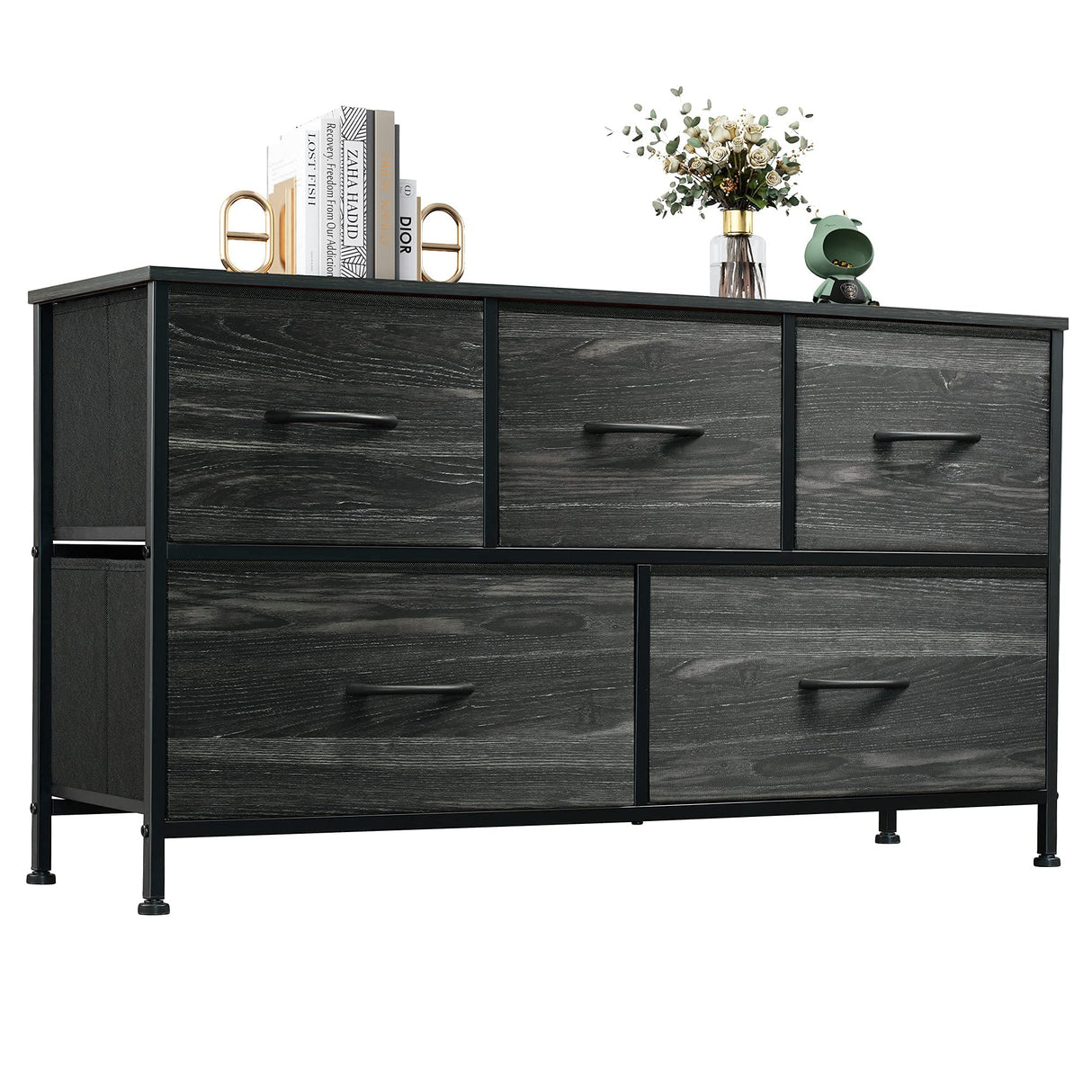 WLIVE Dresser for Bedroom with 5 Drawers, Wide Chest of Drawers, Fabric Dresser, Storage Organizer Unit with Fabric Bins for Closet, Living Room, Hallway, Charcoal Black Wood Grain Print WLIVE