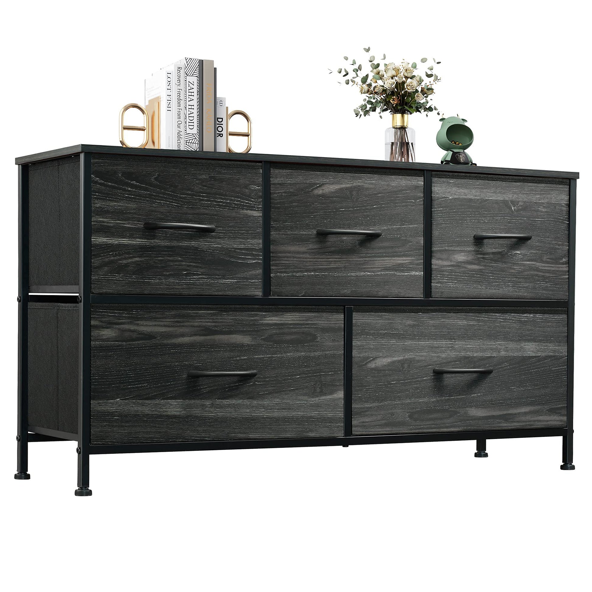 WLIVE Dresser for Bedroom with 5 Drawers, Wide Chest of Drawers, Fabric Dresser, Storage Organizer Unit with Fabric Bins for Closet, Living Room, Hallway, Charcoal Black Wood Grain Print - WoodArtSupply