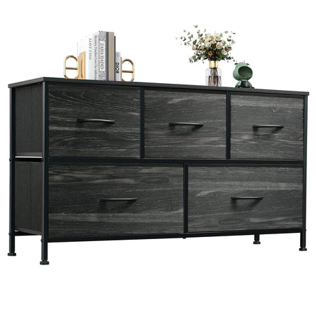 WLIVE Dresser for Bedroom with 5 Drawers, Wide Chest of Drawers, Fabric Dresser, Storage Organizer Unit with Fabric Bins for Closet, Living Room, Hallway, Charcoal Black Wood Grain Print WLIVE