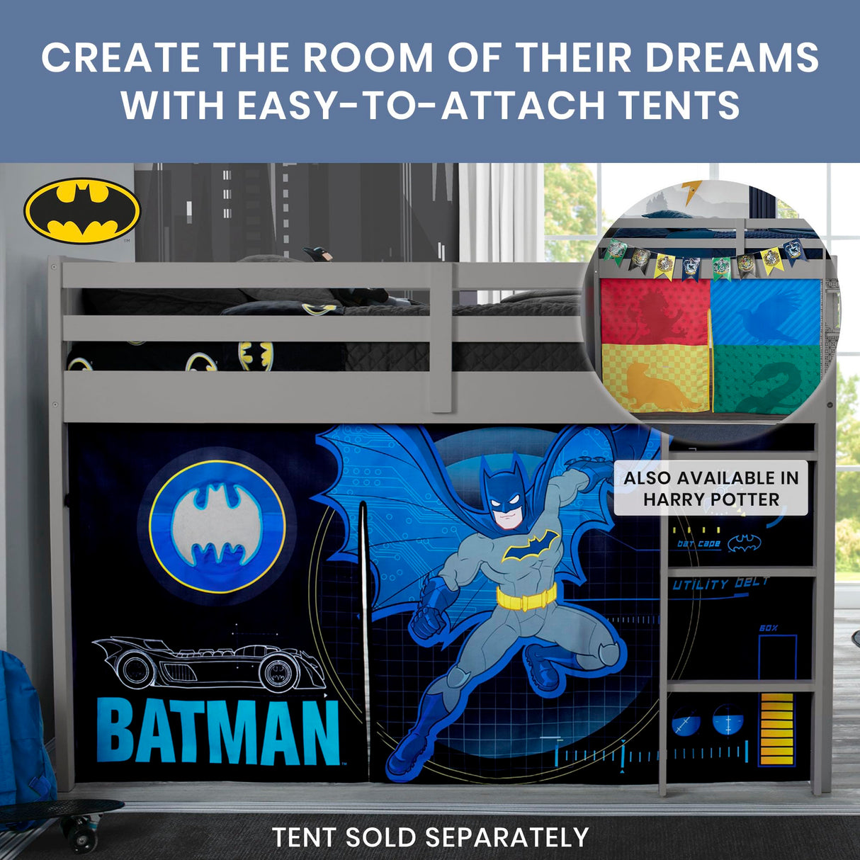 Delta Children Twin Loft Bed with Guardrail and Ladder (Coordinates with Batman, Spider-Man & Harry Potter Tents Sold Separately), Grey Delta Children