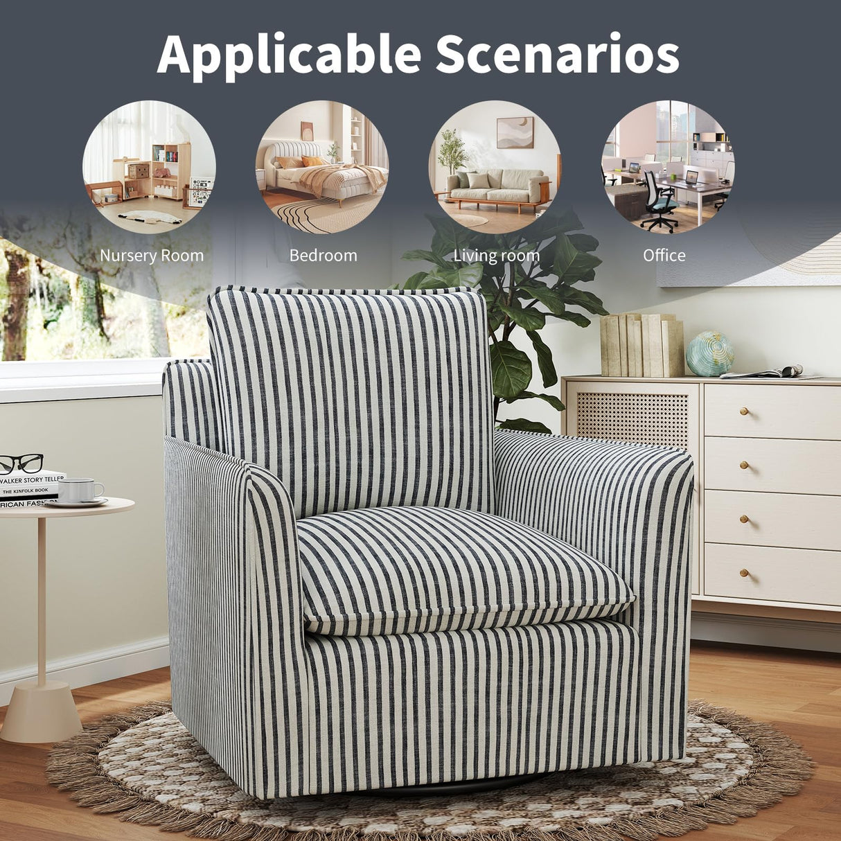 INZOY Swivel Accent Chair, Upholstered Square Chair, Swivel Barrel Reading Chair with Thick Padded Backrest Cushion, Arm Chair for Living Room Bedroom Small Spaces, Blue Stripe INZOY