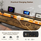 IKIFLY King Size Rustic Brown Storage Headboard with LED Lights & Charging Station IKIFLY
