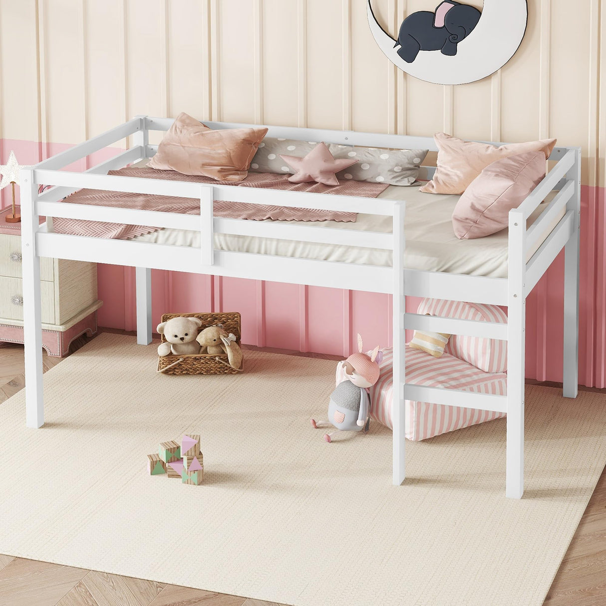 Bellemave Twin Size loft Bed for Kids, Kids loft Bed with Ladder, Wooden loft Bed for Kids, Low loft Bed, White Bellemave