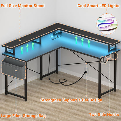 armocity L Shaped Computer Desk with Power Outlets, Gaming Desk L Shaped with LED Lights, Corner Desk with Storage Shelves, Work Study Desk for Bedroom, Home Office Small Spaces, 47'', Black - WoodArtSupply