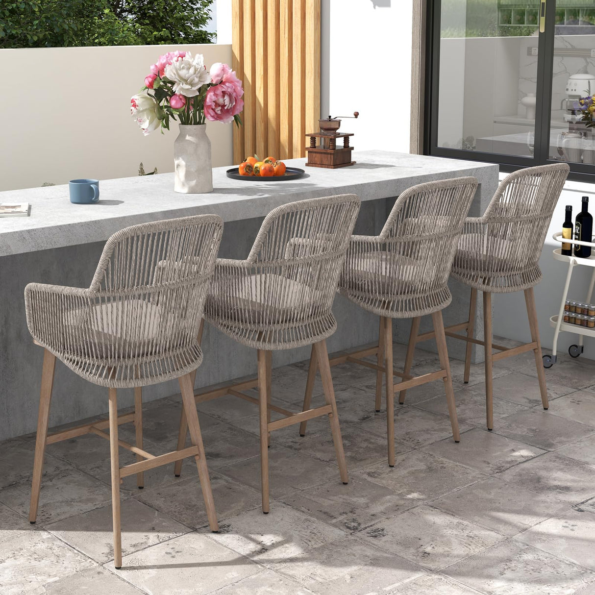 Patiorama Outdoor Bar Stools Set of 4, 46" Counter Height Bar Stools Chair w/Arm and Woven Rope Back, Rattan Bar Stool, Patio Metal Modern Wicker Bar Chairs for Kitchen Island,Pool, Wood Grain Finish Patiorama