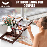Artmalle Bathtub Tray for Tub, Expandable Bamboo Bath Caddy Tray with Book Stand for Home Spa Relaxing, Foldable Minimalist Bathroom Accessories for Women Men (Simple, Brown) Artmalle