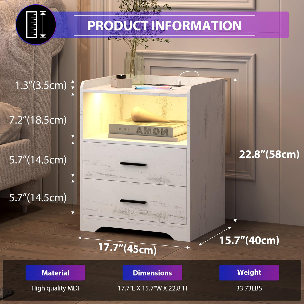 dnbss LED Nightstand with Wired/Wireless Charging Station, Night Stand with 24-Color RGB Lights, Modern Side Table, Smart Nightstands Bedside Table with Drawers for Bedroom, Wood White dnbss