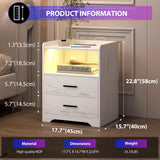 dnbss LED Nightstand with Wired/Wireless Charging Station, Night Stand with 24-Color RGB Lights, Modern Side Table, Smart Nightstands Bedside Table with Drawers for Bedroom, Wood White dnbss