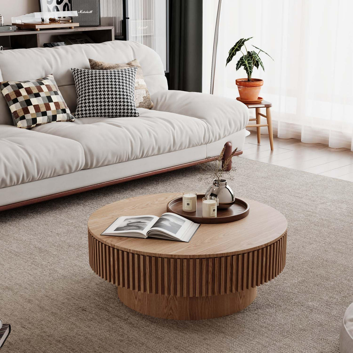 Round Coffee Table with Storage, Modern Wooden Coffee Table with Solid Wood Veneered, Circle Center Table Accent Tea Table for Living Room Apartment Small Space (31.5''L × 31.5''W × 14''H, Natural) FGXJY
