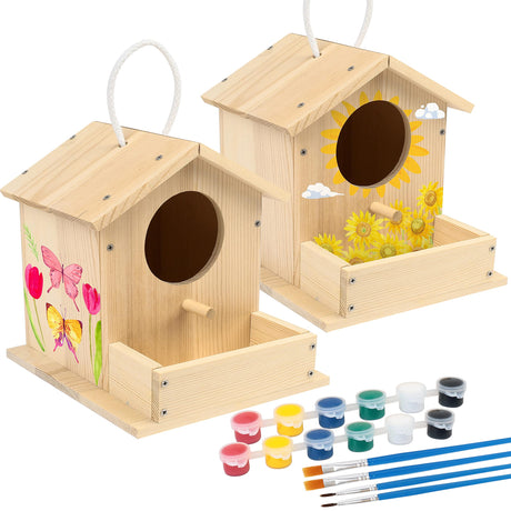 LotFancy Bird House Kit, 2 Pack, DIY Wooden Birdhouse Kits, Arts and Crafts Painting Kit for Kids, Build and Paint, Including Paints & Brushes LotFancy