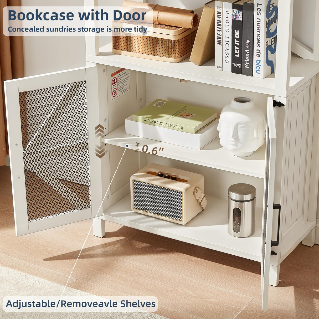 Joaxswe 5 Tier Bookshelf 70" Tall Bookcase with Barn Doors,Large Farmhouse Display Book Shelf with Adjustable Shelves and Storage Cabinet，Library Wood Bookshelves for Living Room,Kitchen,Rustic White Joaxswe