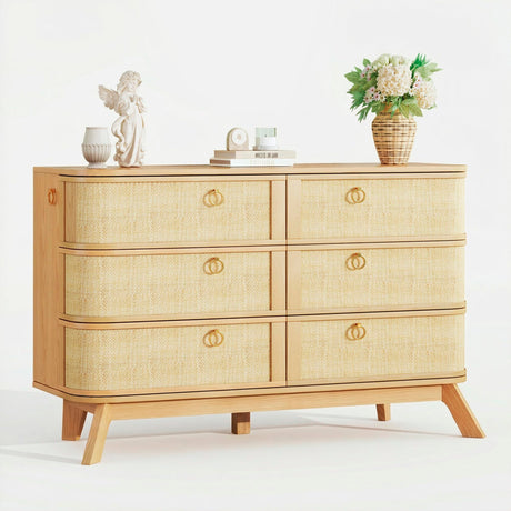 HUAHUU 6 Drawer Rattan Dresser for Bedroom, 43'' Fluted Modern Wooden Dresser with Metal Handles&Wood Legs, Curved Profile Design, Boho Chest of Drawers for Bedroom, Living Room, Natural HUAHUU