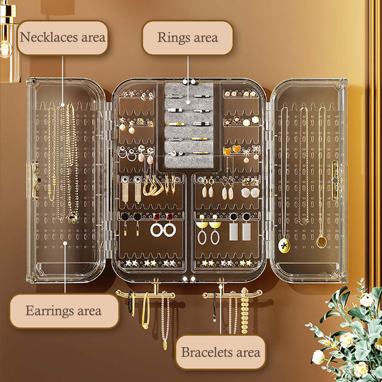 Qryval Wall Mounted Jewelry Organizer, No Punching Installation, Hanging Jewelry Organizer Box and Storage Case, Necklace Earring Holder Organizer Wall for Women Teen Girls (Mocha Brown) Qryval