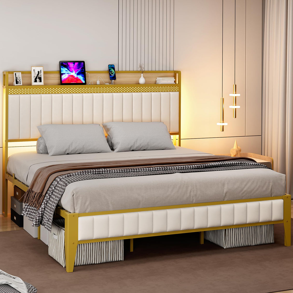 GAOMON King Bed Frame with Charging Station, LED Bed Frame with Storage Headboard, Upholstered Platform Bed Frame, No Box Spring Needed, Easy Assembly, White＆Gold GAOMON
