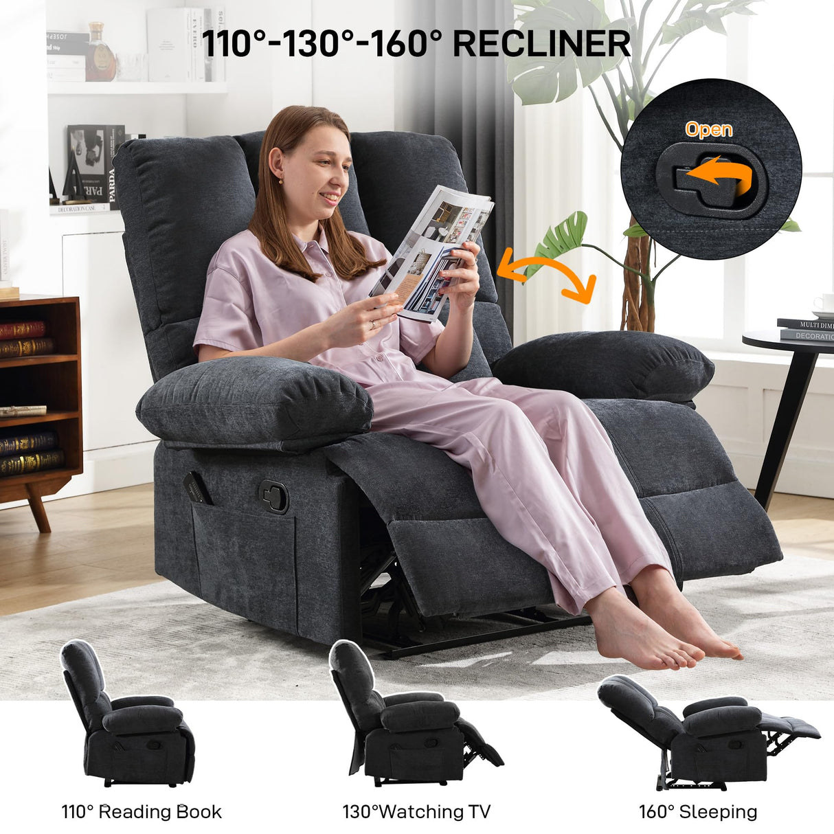 Oversized Recliner Chair 350 lb Weight Capacity, Plus Size 28 inch Large Wide Seat Manual Comfortable Fabric Recliner for Adults Living Room with Pockets Massage Heated Pillow (Modern, GREY-6008) HOMYEDAMIC