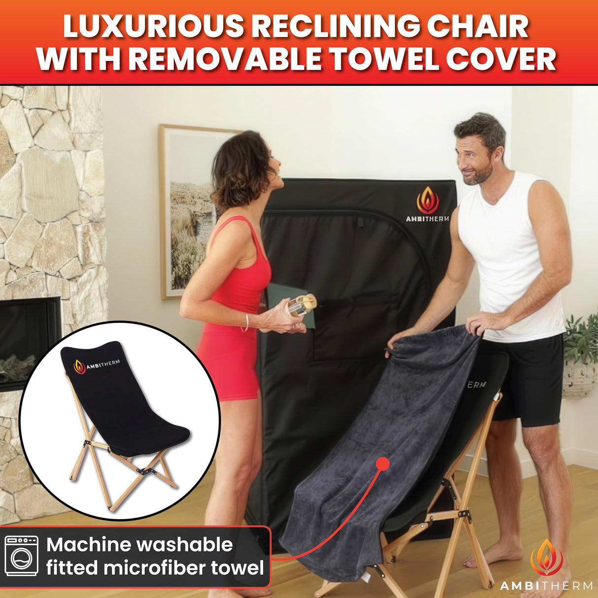 AMBITHERM Large Portable Infrare d Sauna for Home – Extra Large Sauna Tent - 50% More Leg Room – Touch-Sensitive Entertainment Pocket– Reclining Beechwood Chair with Washable Fitted Towel AMBITHERM