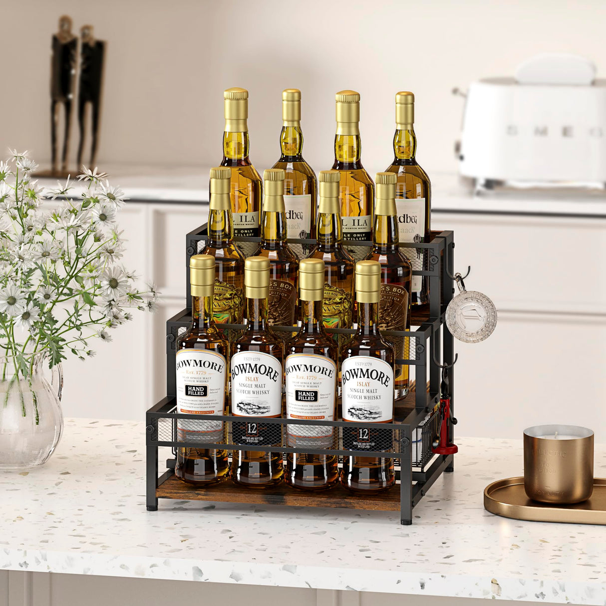 LOTEYIKE 3 Tier Coffee Syrup Rack Organizer, 12 Water Bottles Holder Stand Liquor Cabinet Storage Shelves, Wine Rack Countertop Storage Rack Coffee Bar Cabinet for Kitchen LOTEYIKE